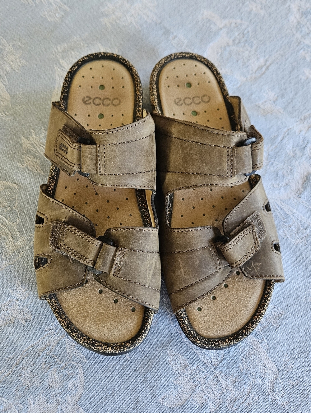 Ecco Comfort Sandals Brown And Cork Slip On Double Strap Adjustable  Size 40
